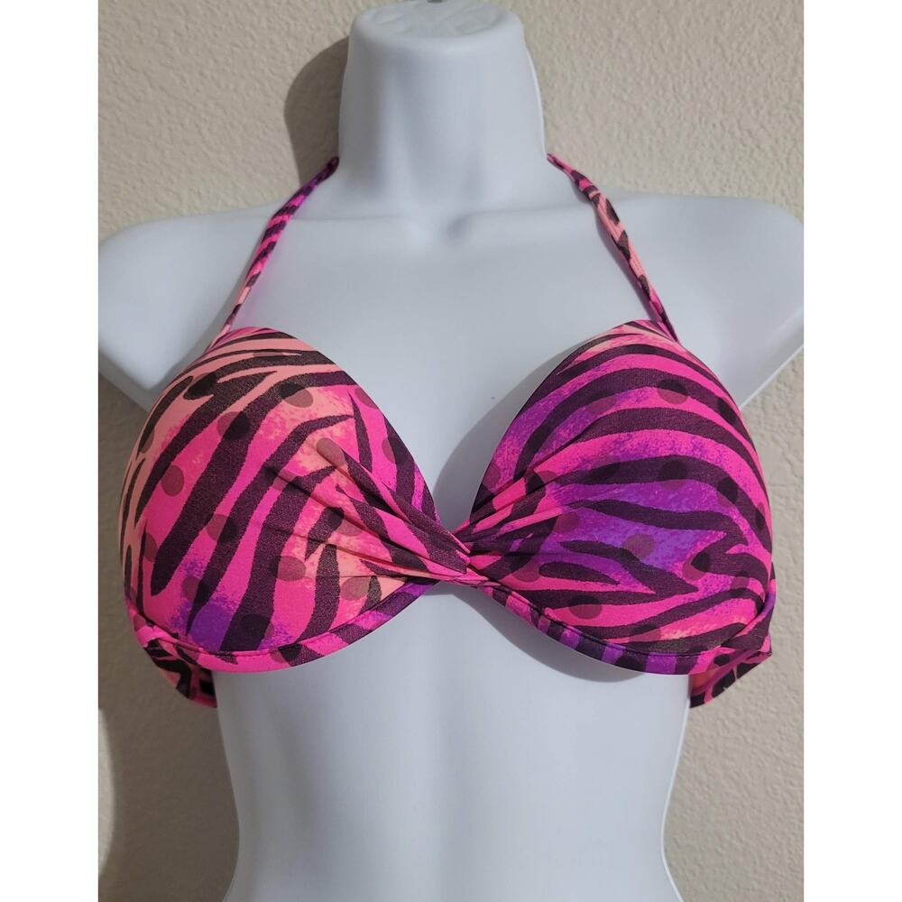 Pink Purple Zebra Print Twisted Knot Bikini Top Large Adjustable Back Strap
